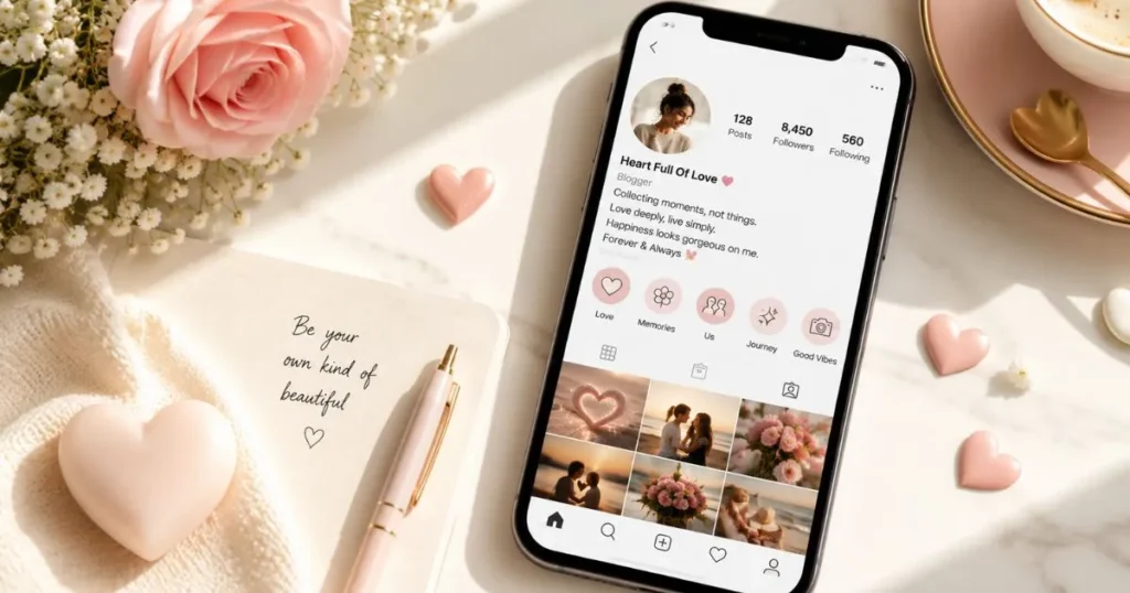 Cute love bio for Instagram ideas with hearts and pastel styling