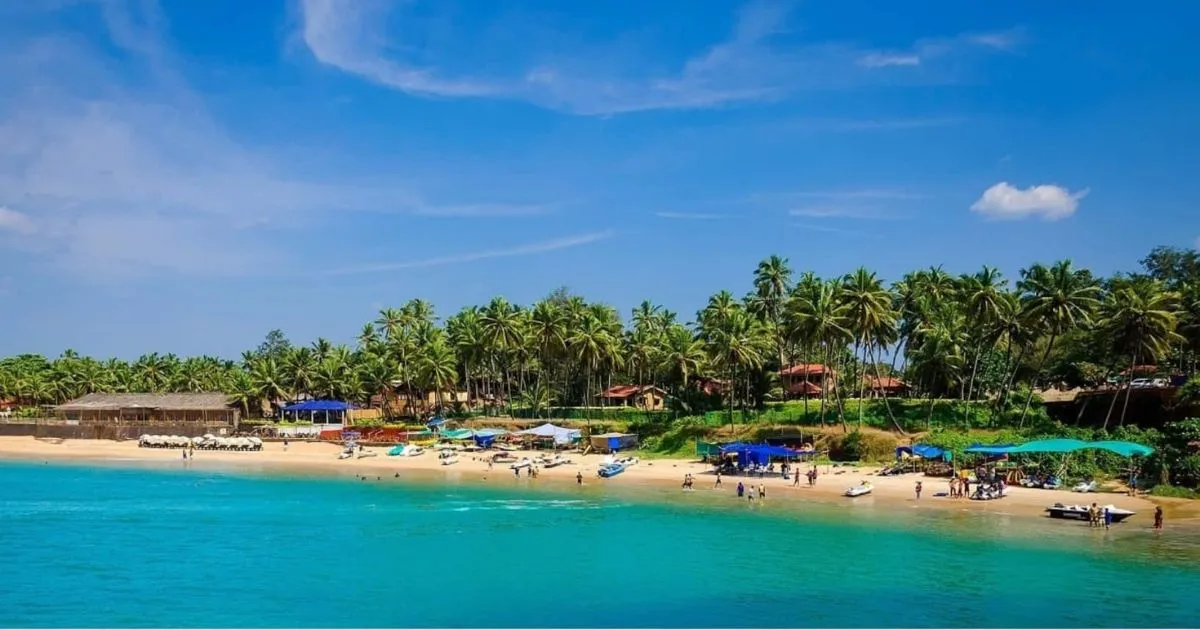 Goa beach with palm trees and blue ocean for Goa captions for Instagram