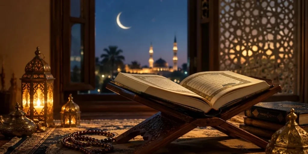 Islamic birthday dua with Quran and prayer beads