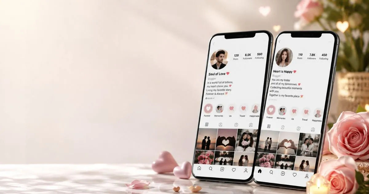 Love bio for Instagram ideas displayed on two stylish smartphone profiles