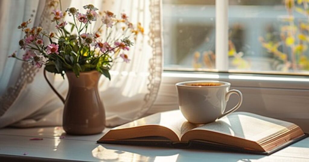 Person enjoying a peaceful Sunday morning at home