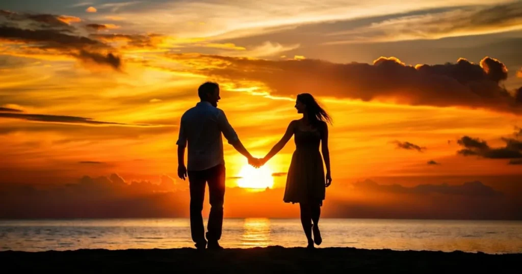 Romantic couple enjoying a Konkan beach sunset