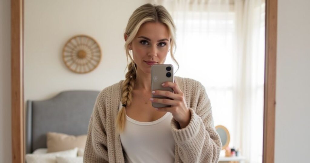 Woman taking a stylish mirror selfie