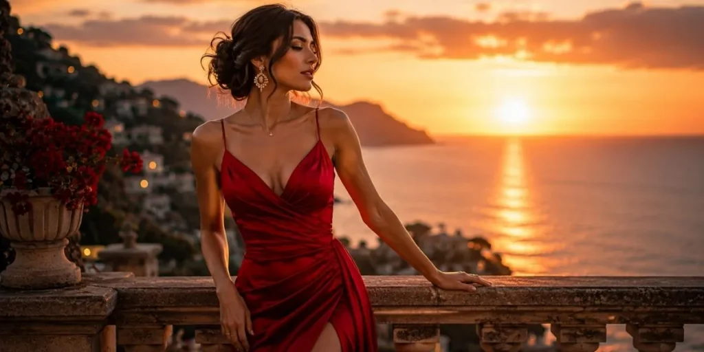 Elegant woman in a red dress enjoying a cinematic sunset fashion moment
