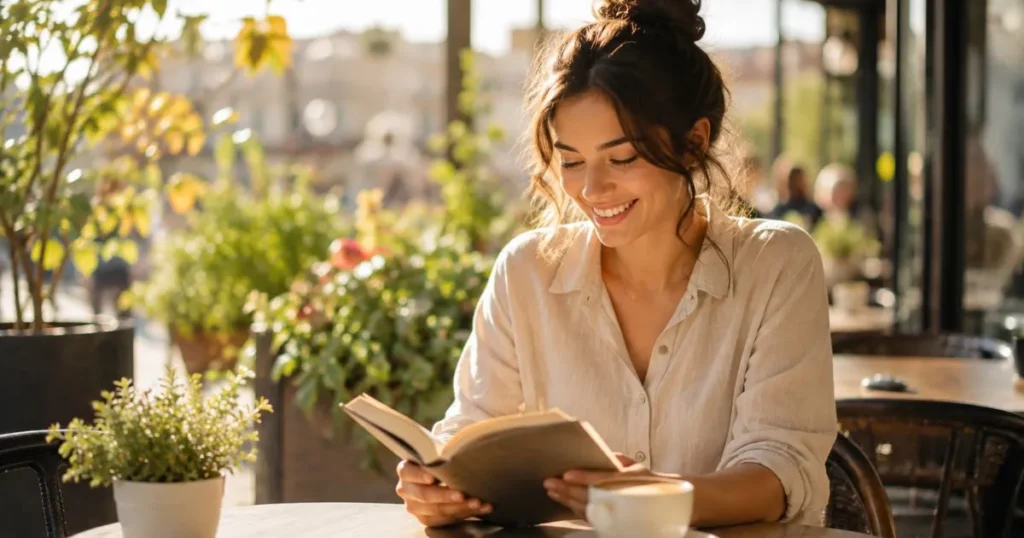 Happy person enjoying peaceful time alone