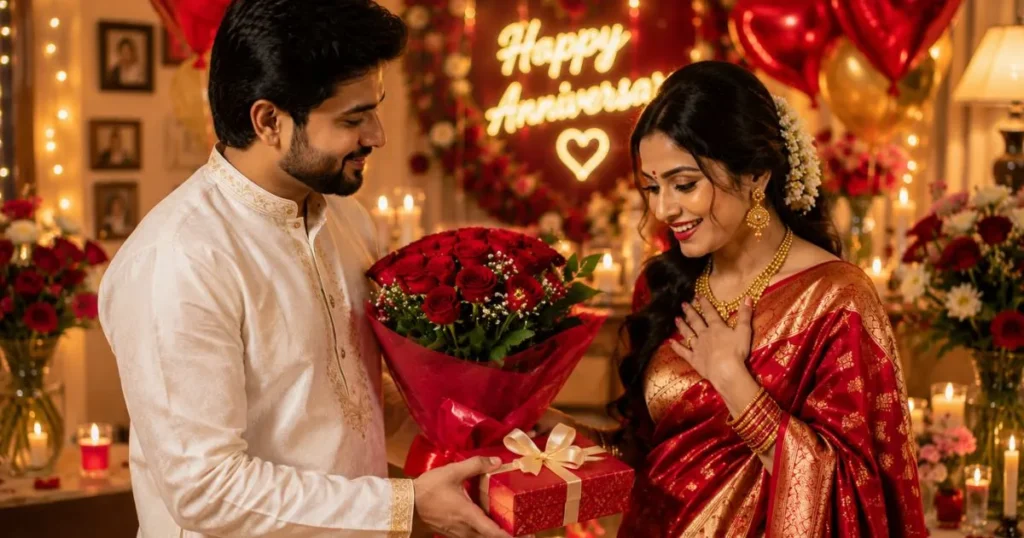 Love Anniversary Wishes in Bengali for husband and wife exchanging gifts and roses on their anniversary