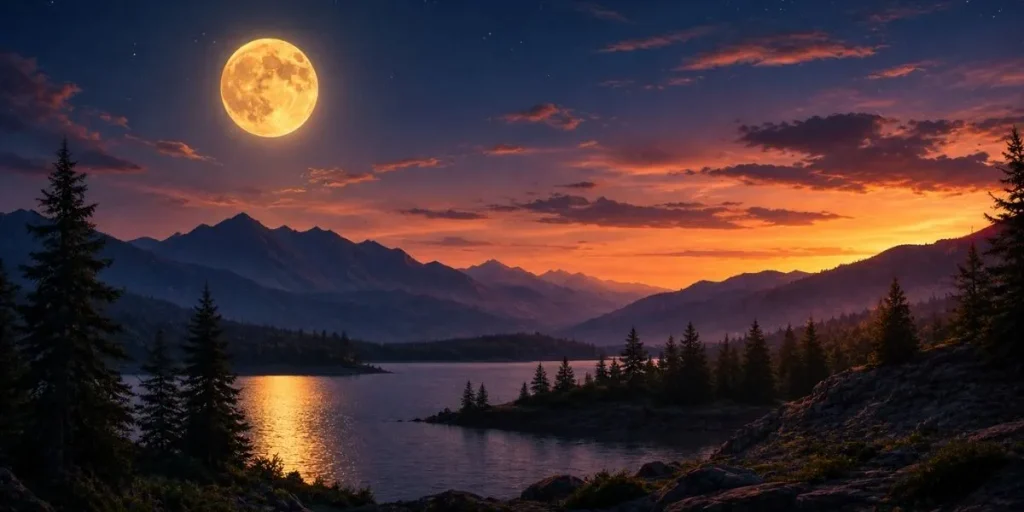 Beautiful glowing moon above a scenic landscape during a peaceful evening