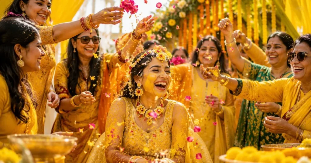 Best Haldi captions for Instagram with a joyful bride celebrating her Haldi ceremony.