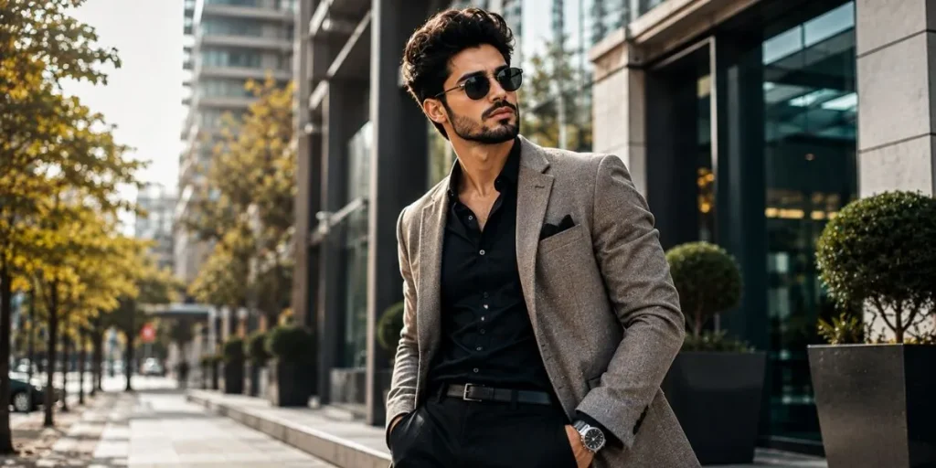 Confident stylish person posing in a modern fashionable outfit outdoors