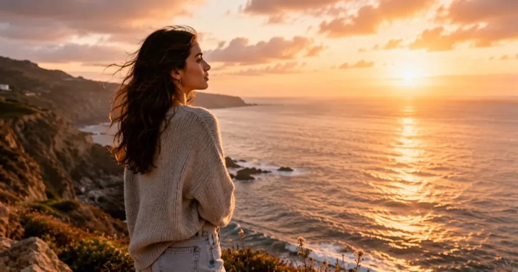 Woman watching a peaceful sunset while reflecting on life's endings and new beginnings.