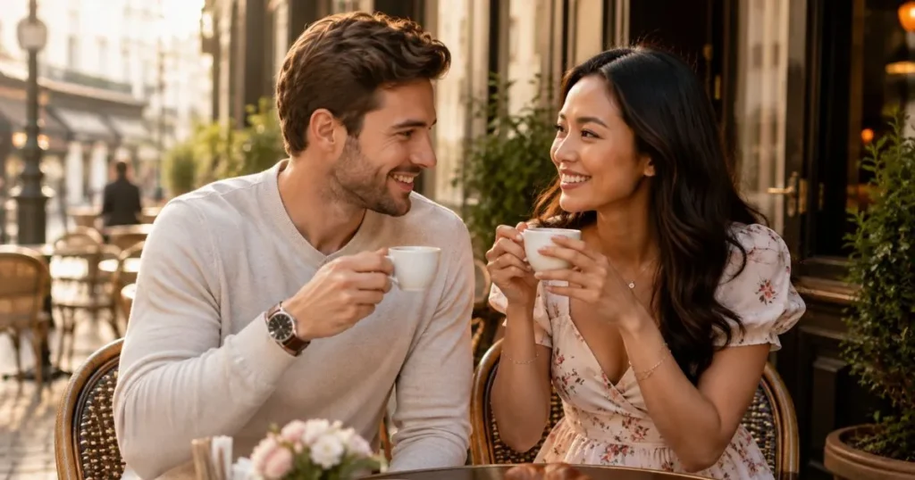 Romantic interracial couple enjoying coffee together.