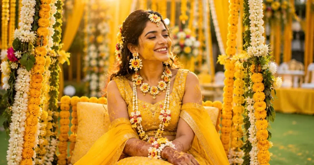 Bridal Haldi captions for Instagram featuring a beautiful bride in a yellow lehenga.