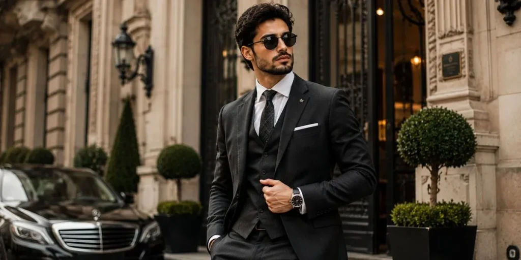 Elegant person wearing a sophisticated formal outfit with a timeless classy style