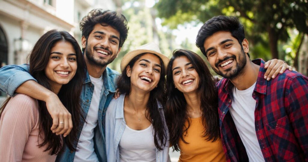 Group of close friends smiling together for a pho