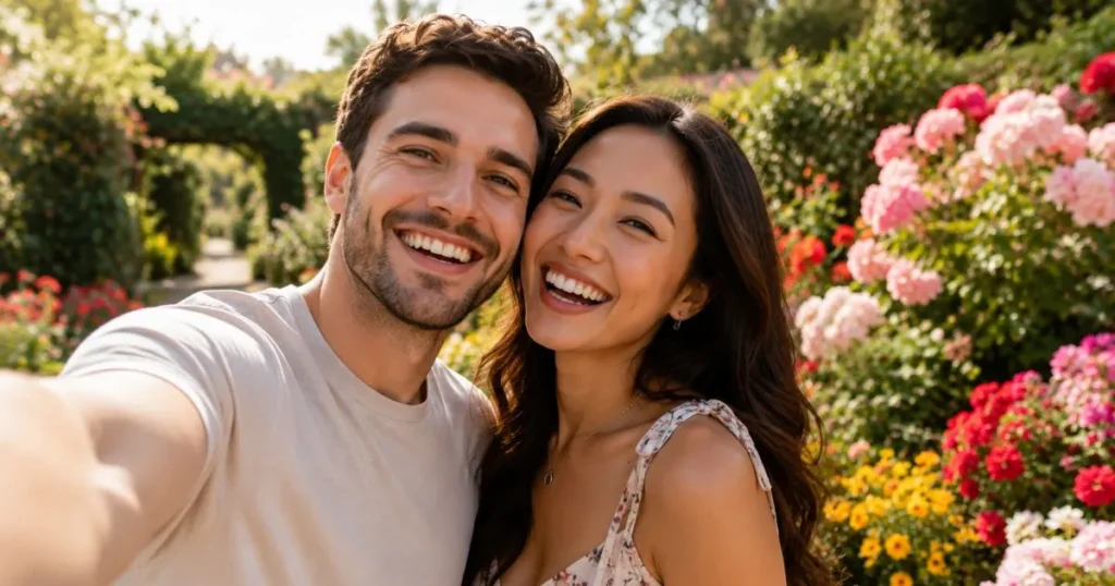 Cute interracial couple taking a selfie together.