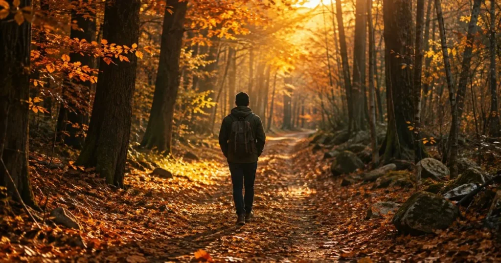 Person walking alone through an autumn forest symbolizing emotional endings and healing.