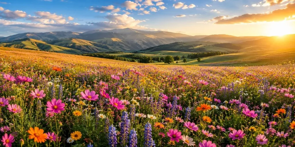colorful flower field under blue sky