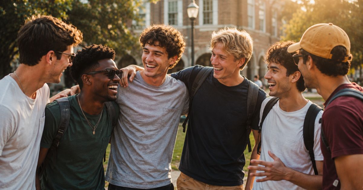 Group of college friends enjoying fraternity life together