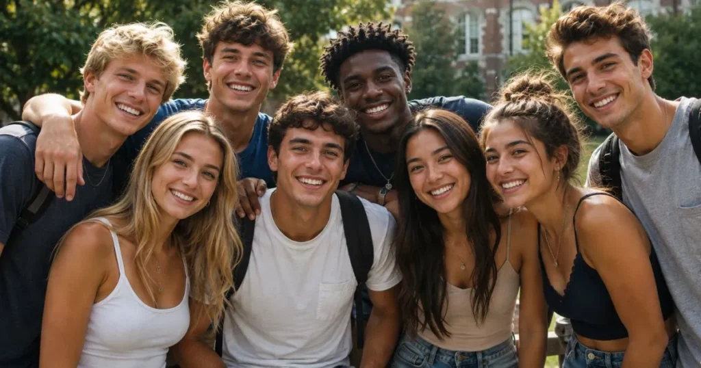 College friends posing together for a group Instagram photo