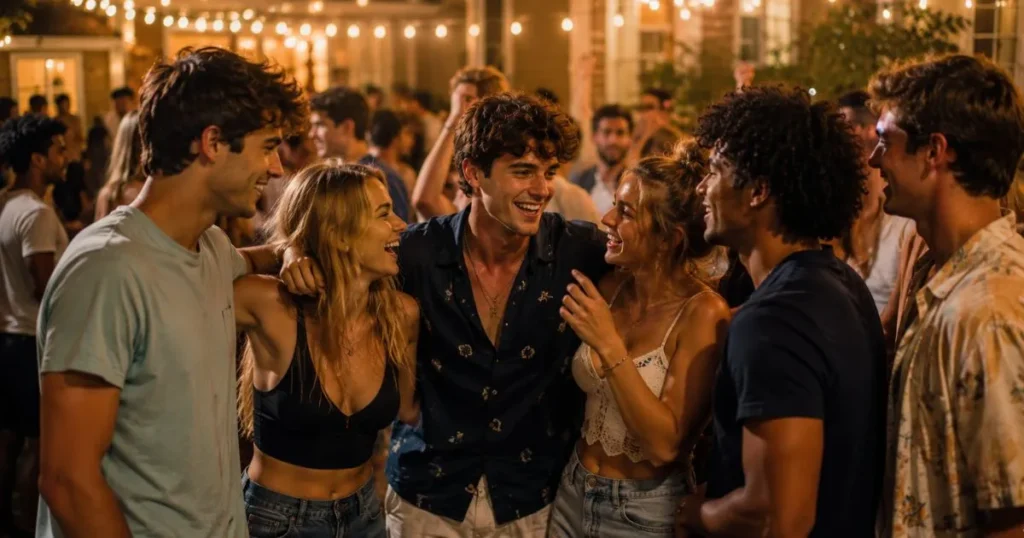 College friends enjoying a lively fraternity party