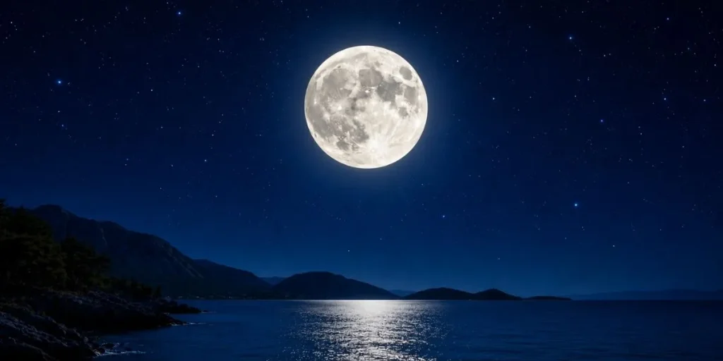 Large bright full moon illuminating a clear dark night sky with subtle stars