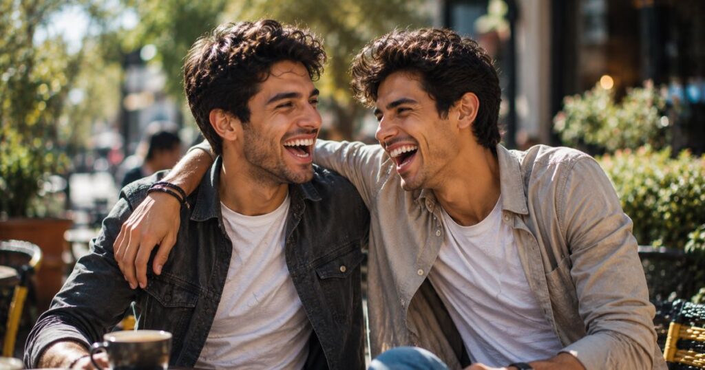 Brothers laughing together for a funny Instagram photo