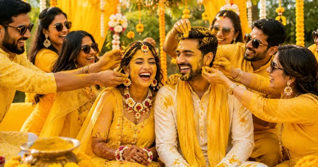 Funny Haldi captions for Instagram showing friends playfully applying Haldi to the bride and groom