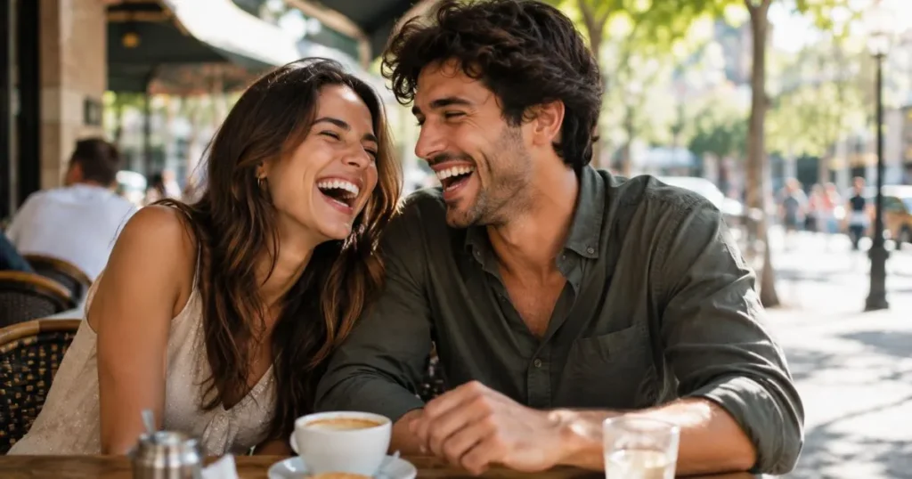 Young couple laughing together during a fun date