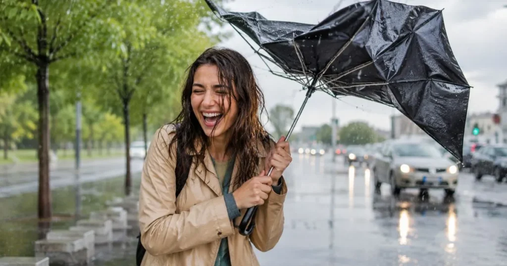 Person laughing while getting caught in the rain