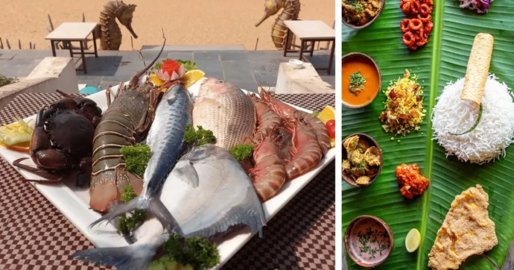 Traditional Goan seafood served at a beachside restaurant