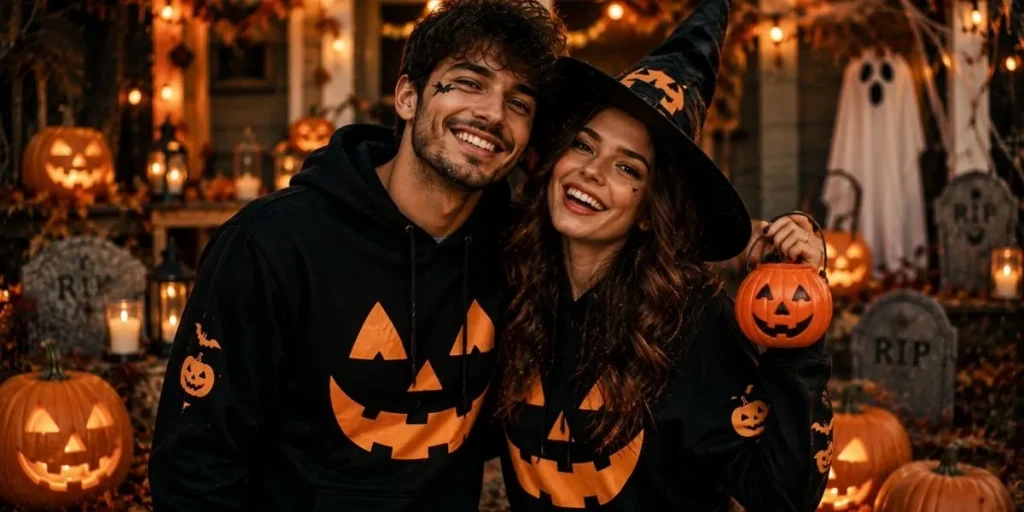 Happy couple wearing matching Halloween costumes and celebrating spooky season together
