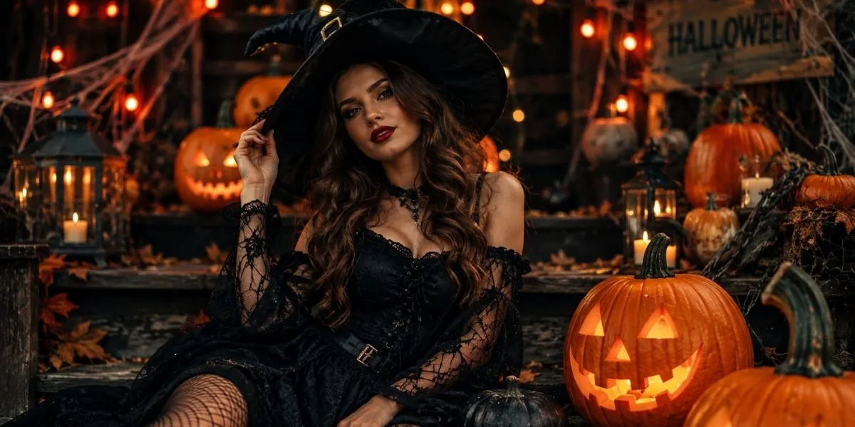 Stylish person in a Halloween costume surrounded by pumpkins and spooky decorations for Halloween captions