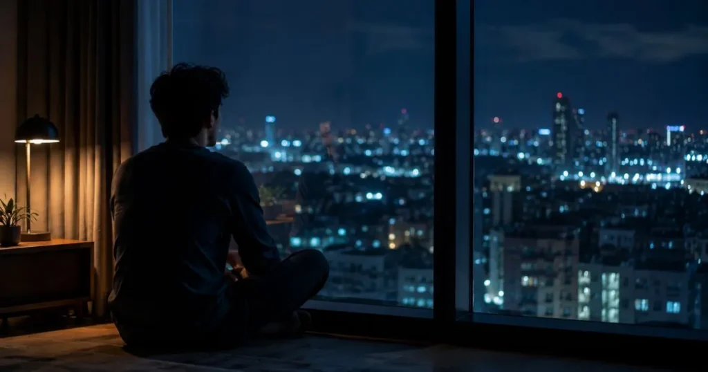 Person sitting alone and reflecting at night