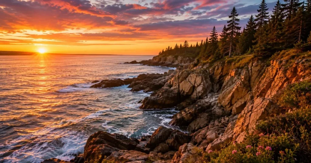 Scenic rocky coastline in Maine with ocean waves and sunrise.