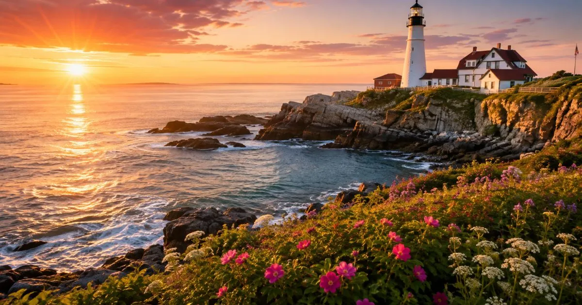 Beautiful Portland Head Light lighthouse overlooking the rocky Maine coastline at sunrise.