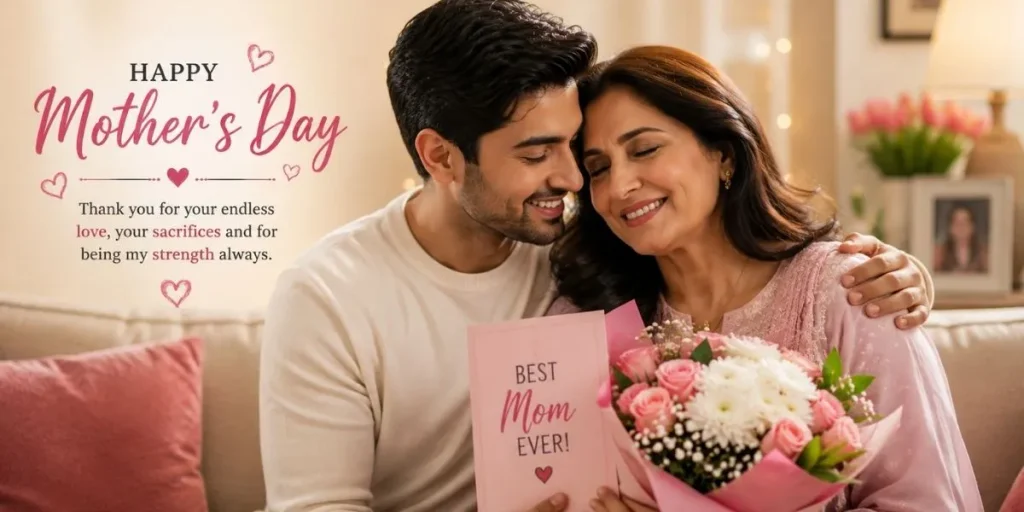 Son sharing a warm and loving moment with his mother on Mothers Day
