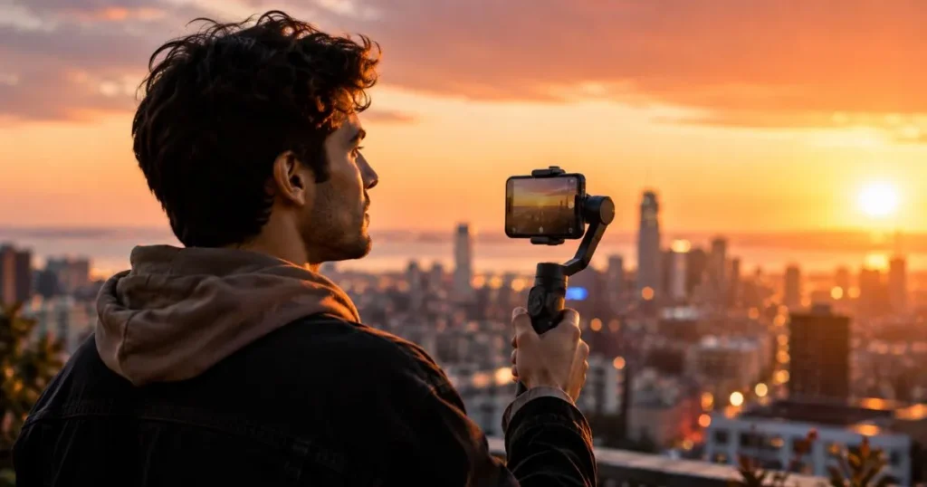 Young adult creating an emotional Instagram Reel outdoors