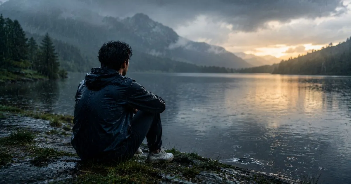 Person enjoying a rainy evening beside a lake