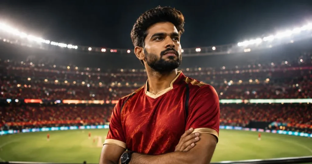 Confident cricket fan wearing red and gold jersey