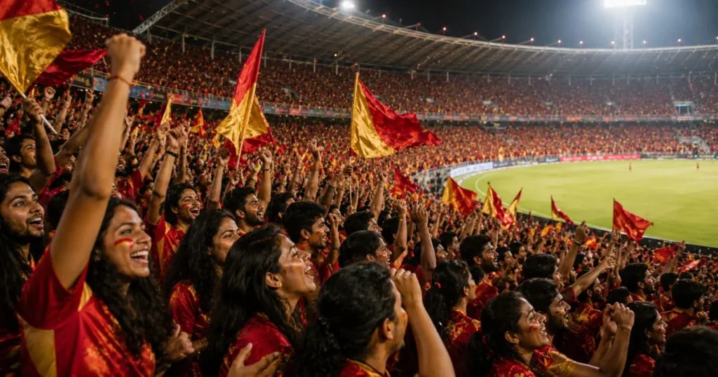 RCB cricket fans cheering together in a stadium