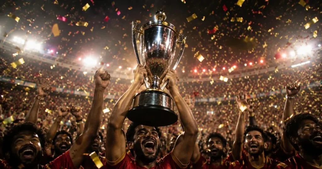 Cricket trophy celebration with RCB fans