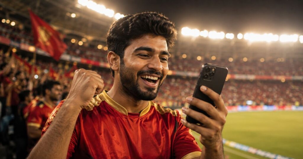 Cricket fan celebrating RCB victory with smartphone