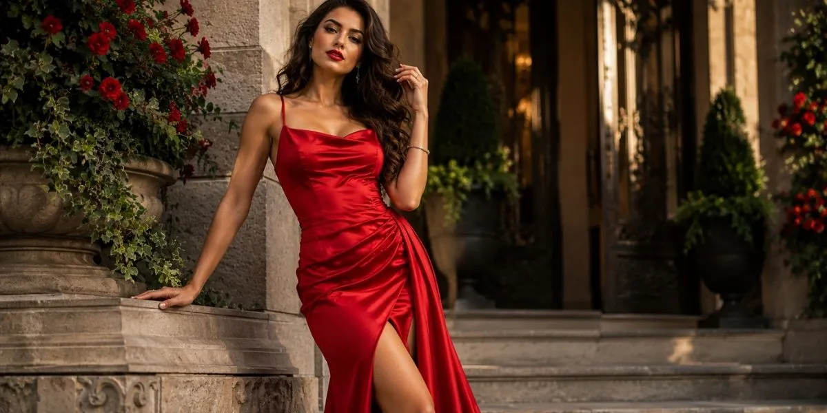 Stylish woman wearing an elegant red dress and posing confidently for Instagram