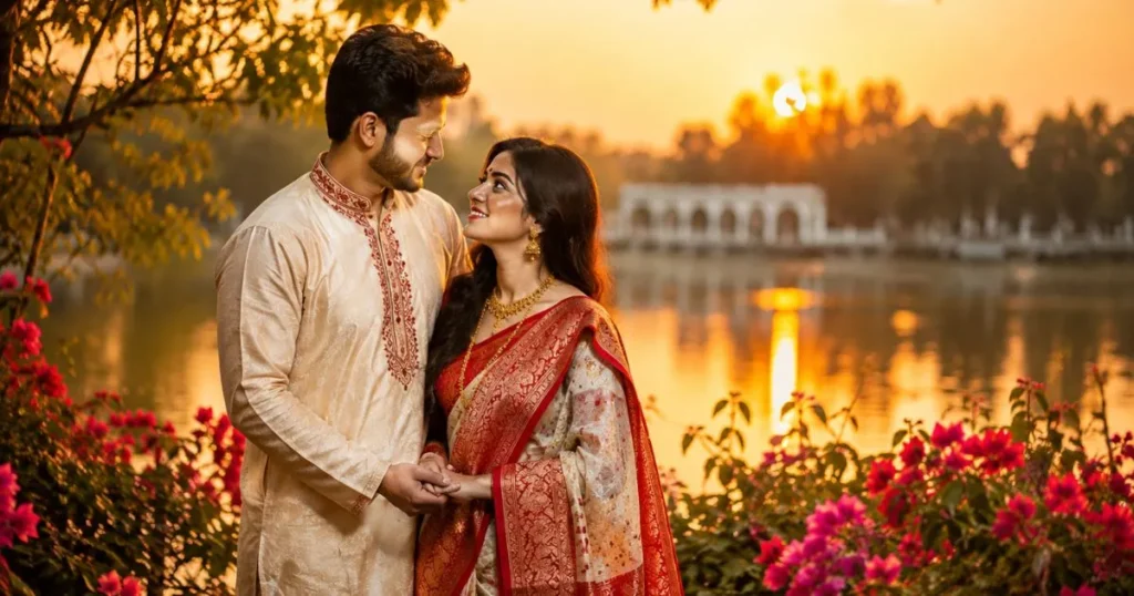 Romantic Love Anniversary Wishes in Bengali with a happy Bengali couple holding hands at sunset