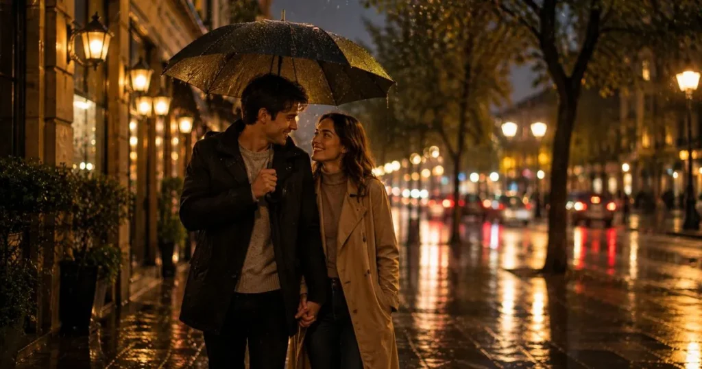 Romantic couple walking together in the rain