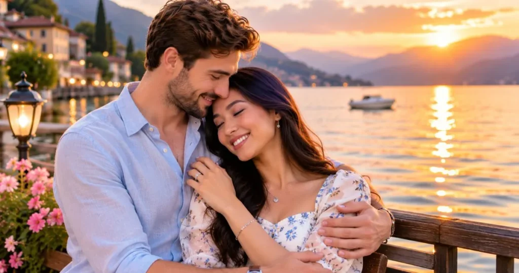Romantic interracial couple embracing by a lake at sunset.