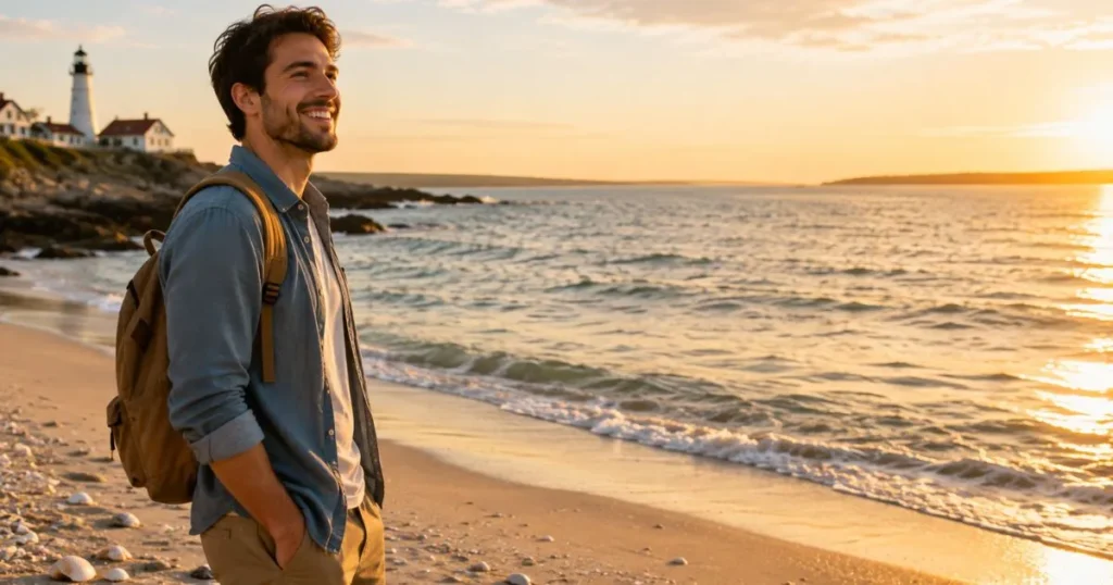 Traveler enjoying a peaceful beach in Maine during summer.Traveler enjoying a peaceful beach in Maine during summer.
