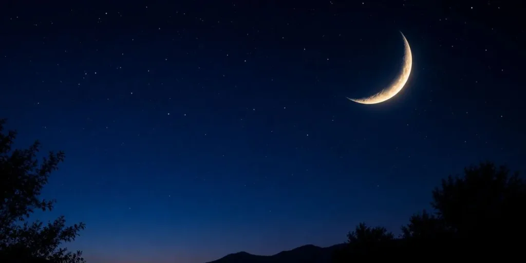 Minimal night sky with a glowing crescent moon and scattered stars