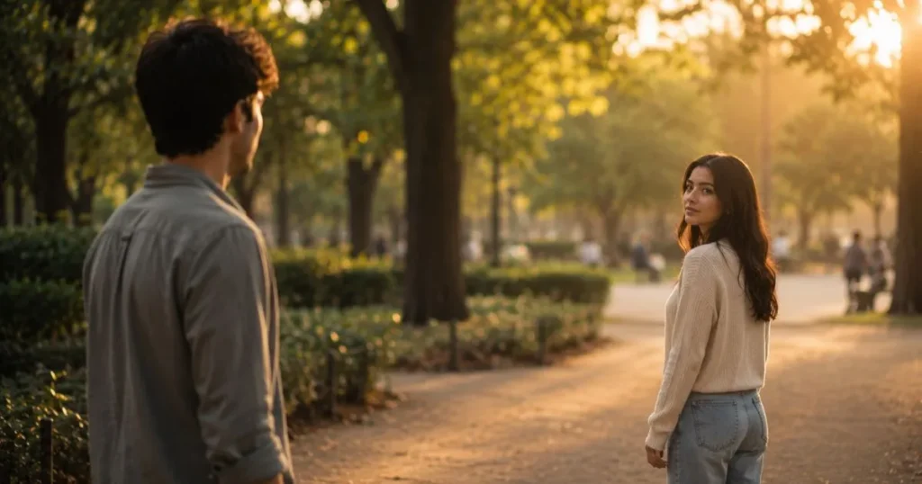 Young adult watching someone from a distance with hidden feelings