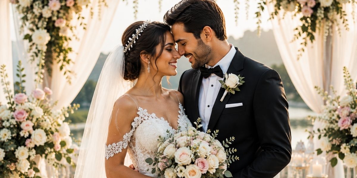 Romantic bride and groom celebrating their wedding day together